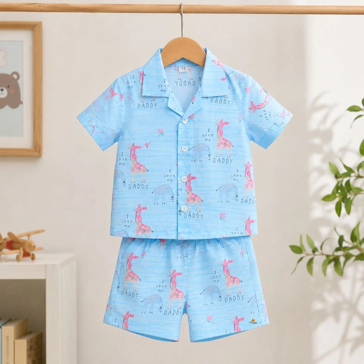 Boys Giraffe Printed Shirt and Shorts Co-ord Set