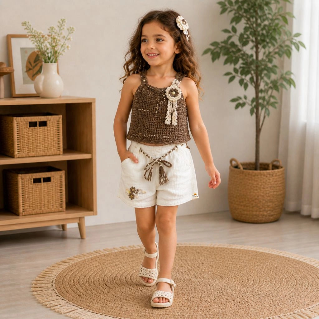 Girls Crochet Co Ord Set Top and Shorts Stylish Summer Outfit