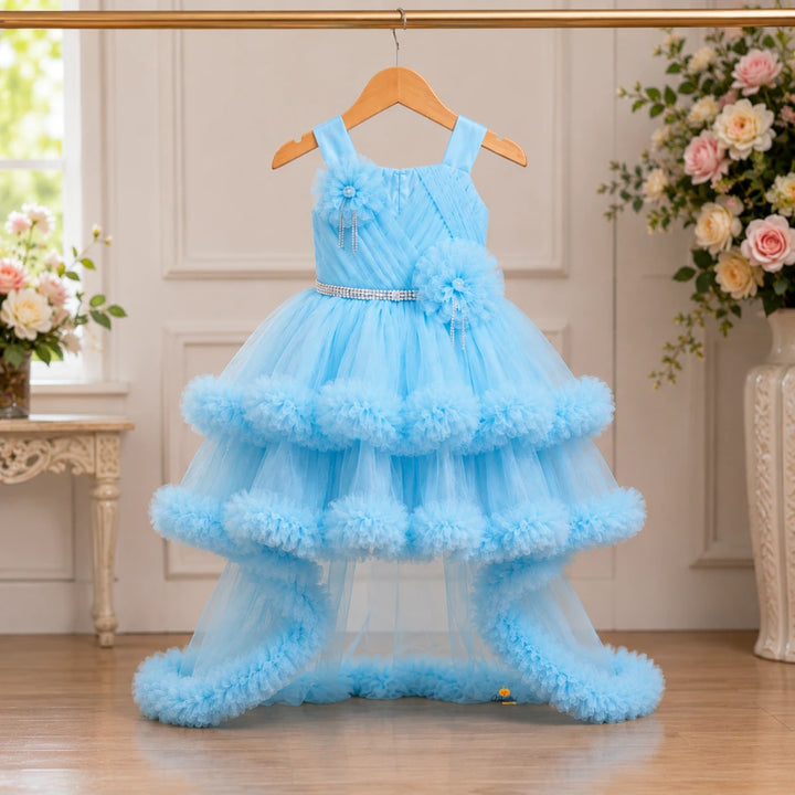 Sky Blue High-Low Partywear Frock for Girls