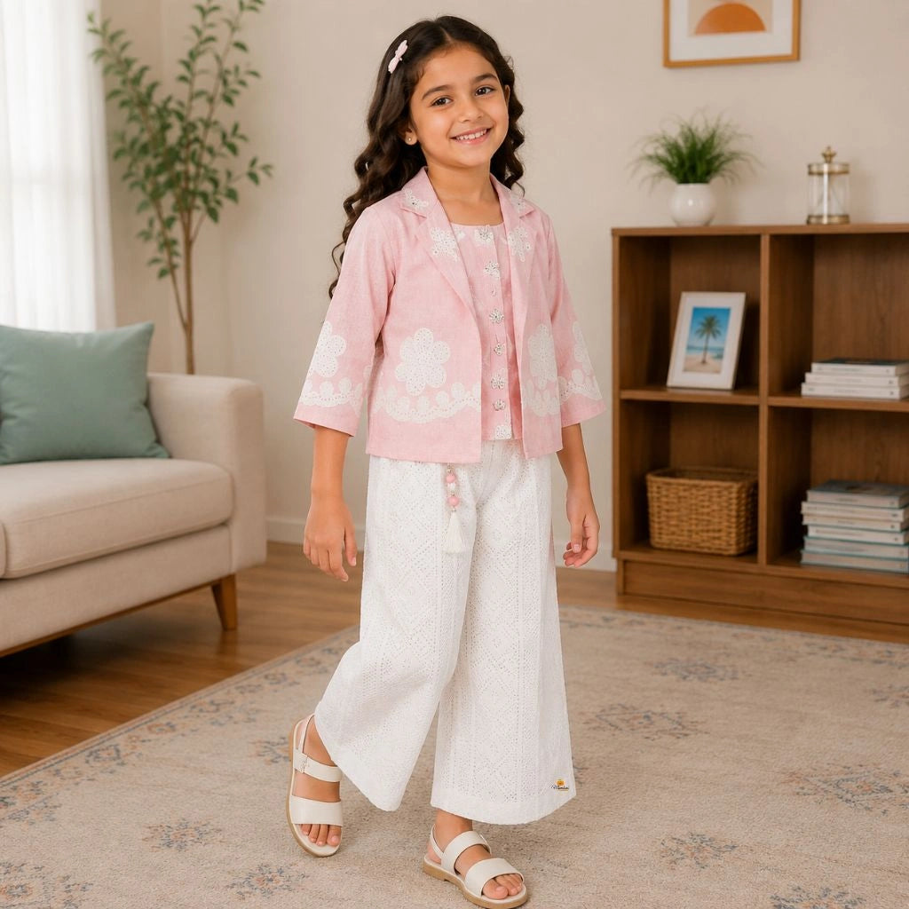 Girls Floral Embroidered Jacket with Palazzo