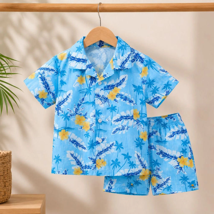 Sky Blue Tropical Print Shirt & Shorts Co-ord Set for Boys