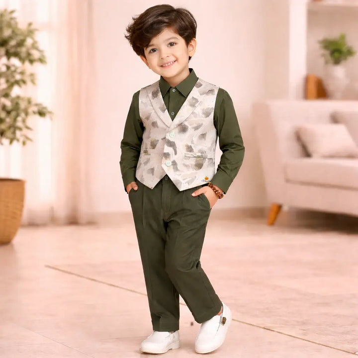 Green Shirt with Printed Waistcoat & Pant Set for Boys