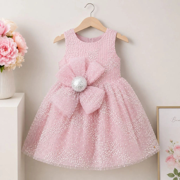 Stylish Pink Sequin Party Frock with Bow for Girls
