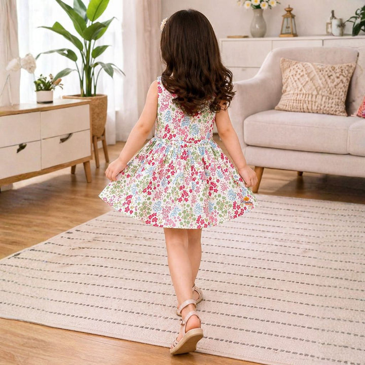 Multicolor Floral Printed Sleeveless Fit & Flare Dress for Girls