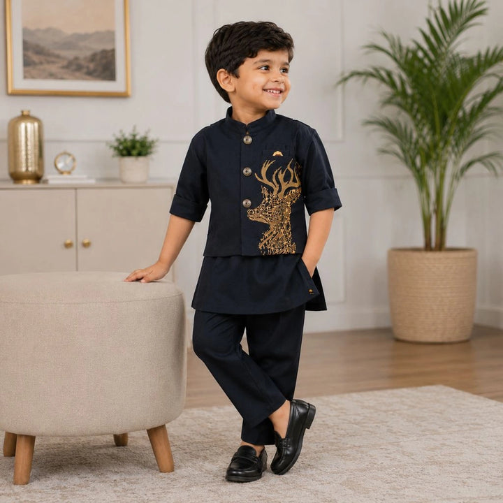 Stylish Black Kurta Pajama with Embroidered Deer Jacket for Boys