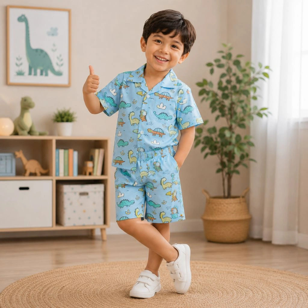 Boys Blue Dinosaur Print Shirt And Shorts Co-Ord Set