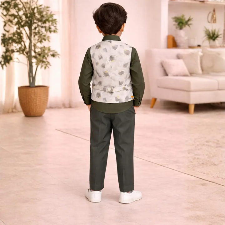 Green Shirt with Printed Waistcoat & Pant Set for Boys