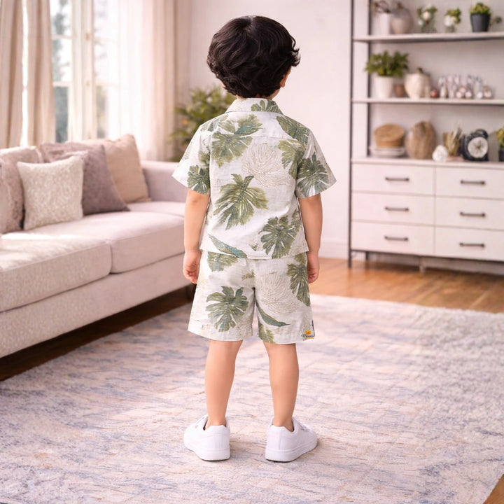 Boys Tropical Leaf Print Co-Ord Set – Shirt & Shorts