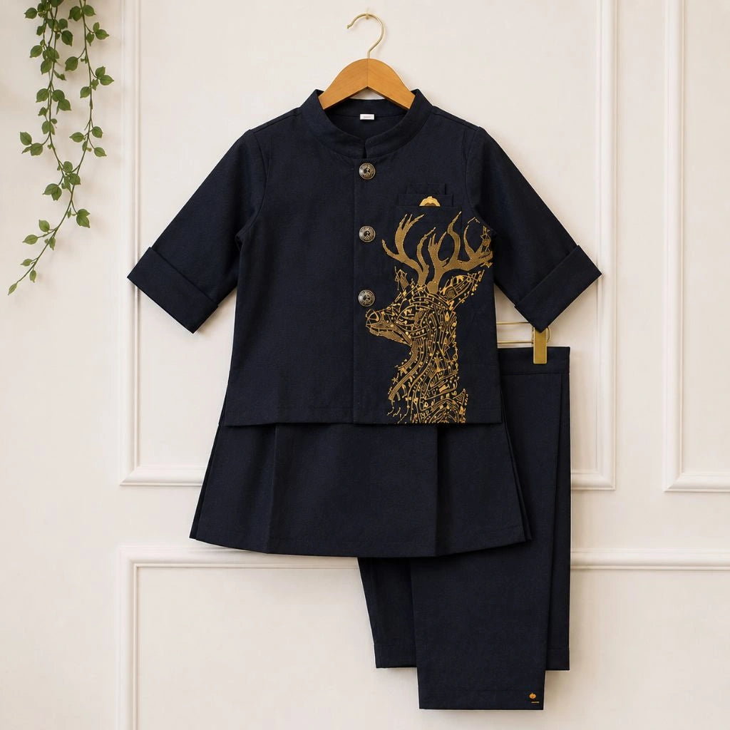 Stylish Black Kurta Pajama with Embroidered Deer Jacket for Boys