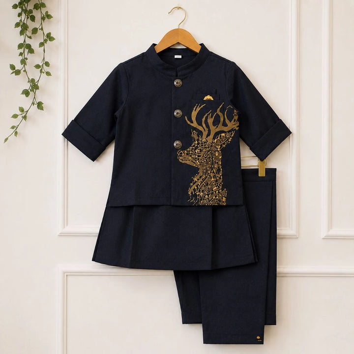 Stylish Black Kurta Pajama with Embroidered Deer Jacket for Boys