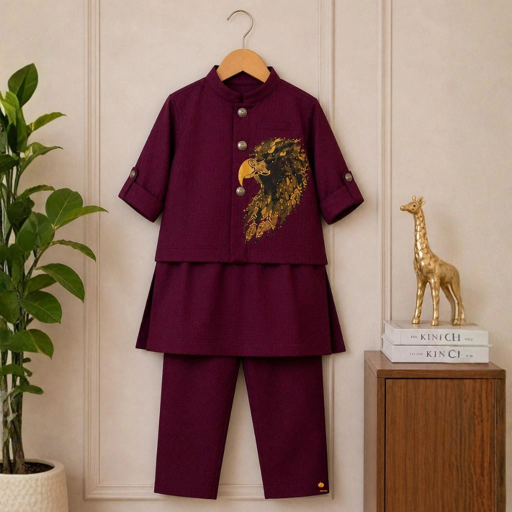 Premium Boys Wine Kurta Pajama Set with Designer Jacket for Weddings & Parties