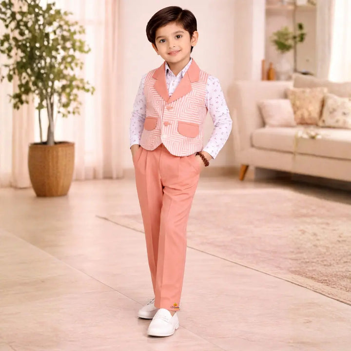 Peach Printed Shirt with Waistcoat & Pant Set for Boys