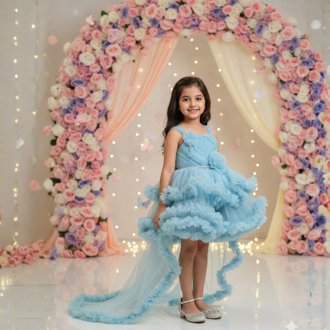 Sky Blue High-Low Partywear Frock for Girls