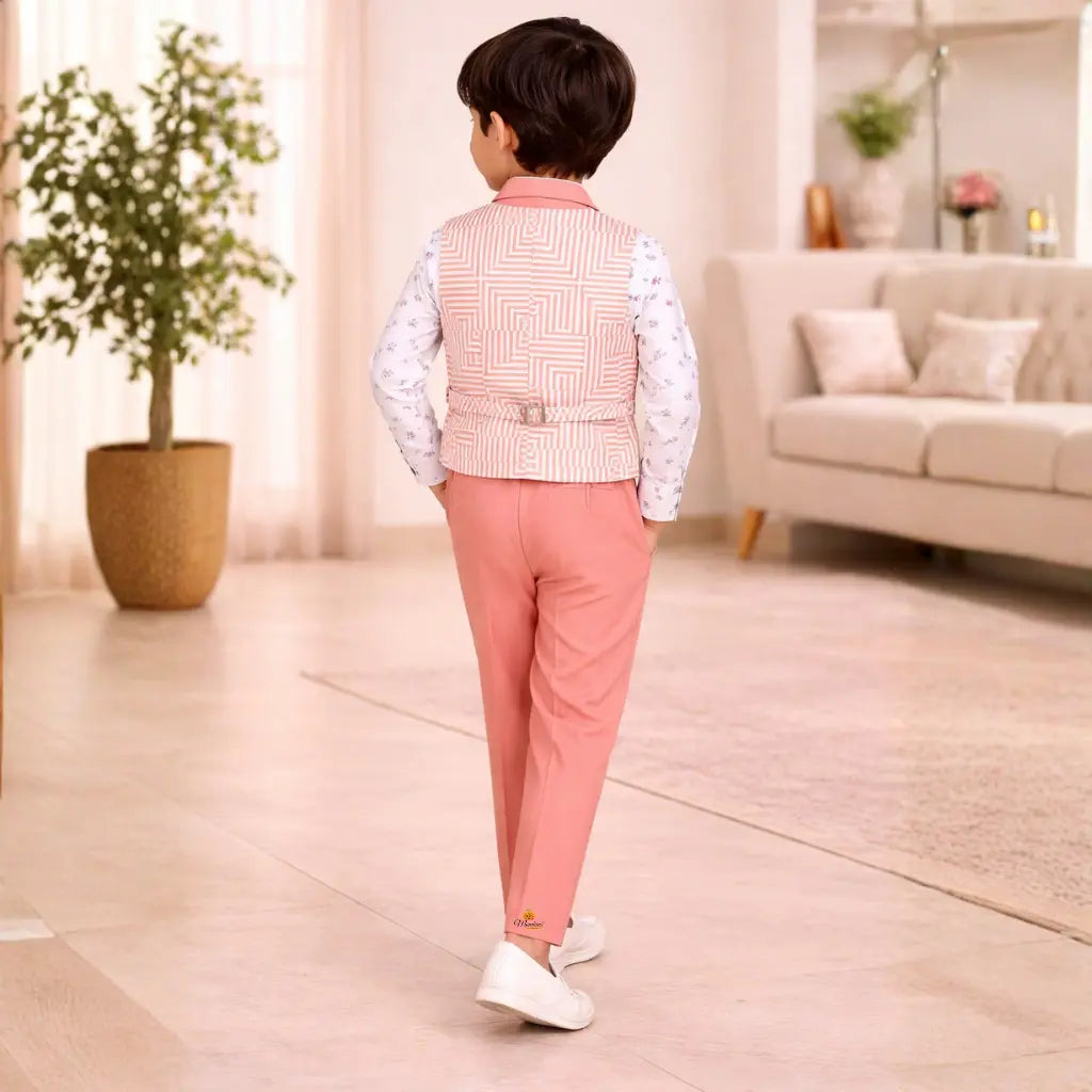 Peach Printed Shirt with Waistcoat & Pant Set for Boys