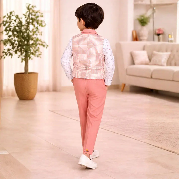 Peach Printed Shirt with Waistcoat & Pant Set for Boys