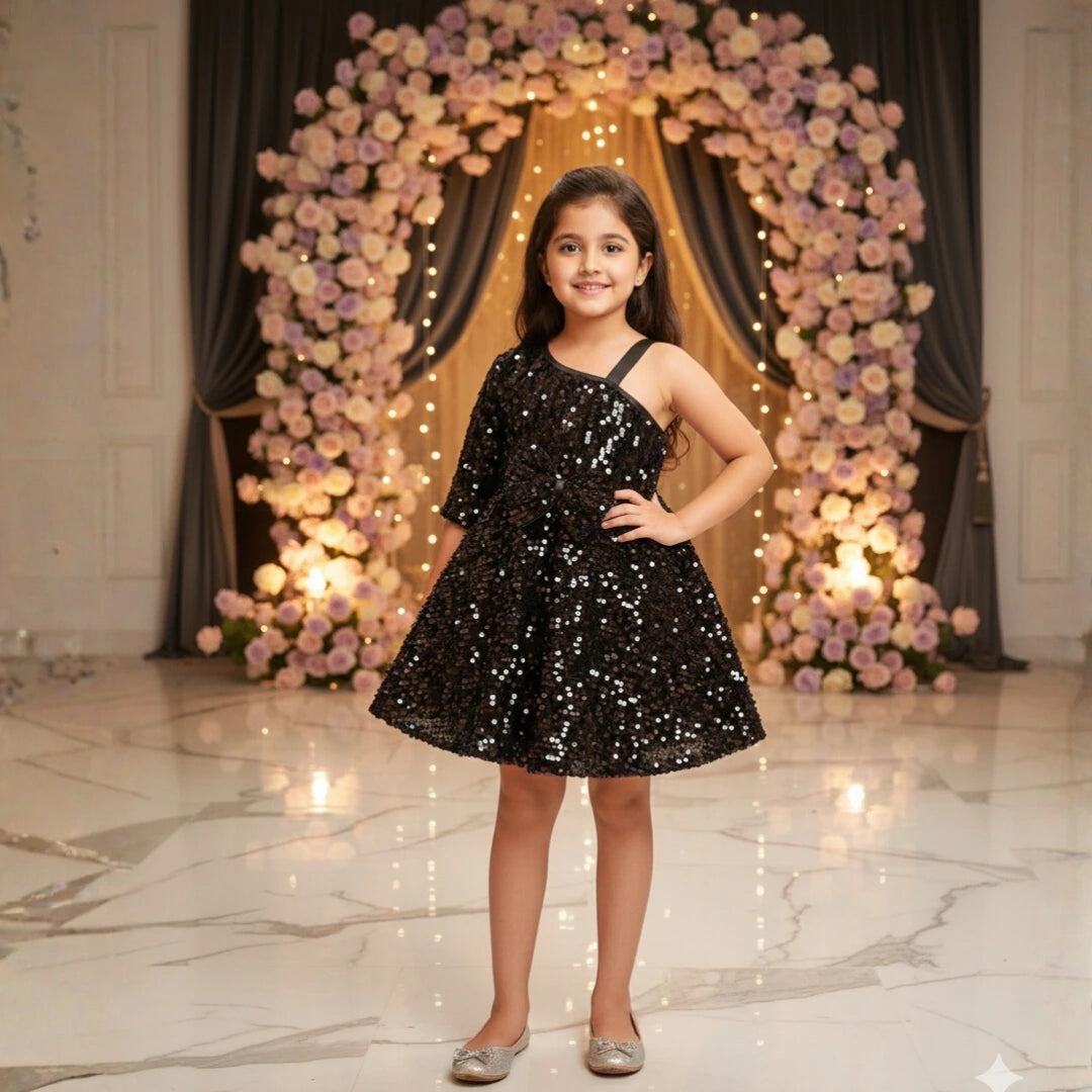 Girls Black One-Shoulder Sequin Party Dress