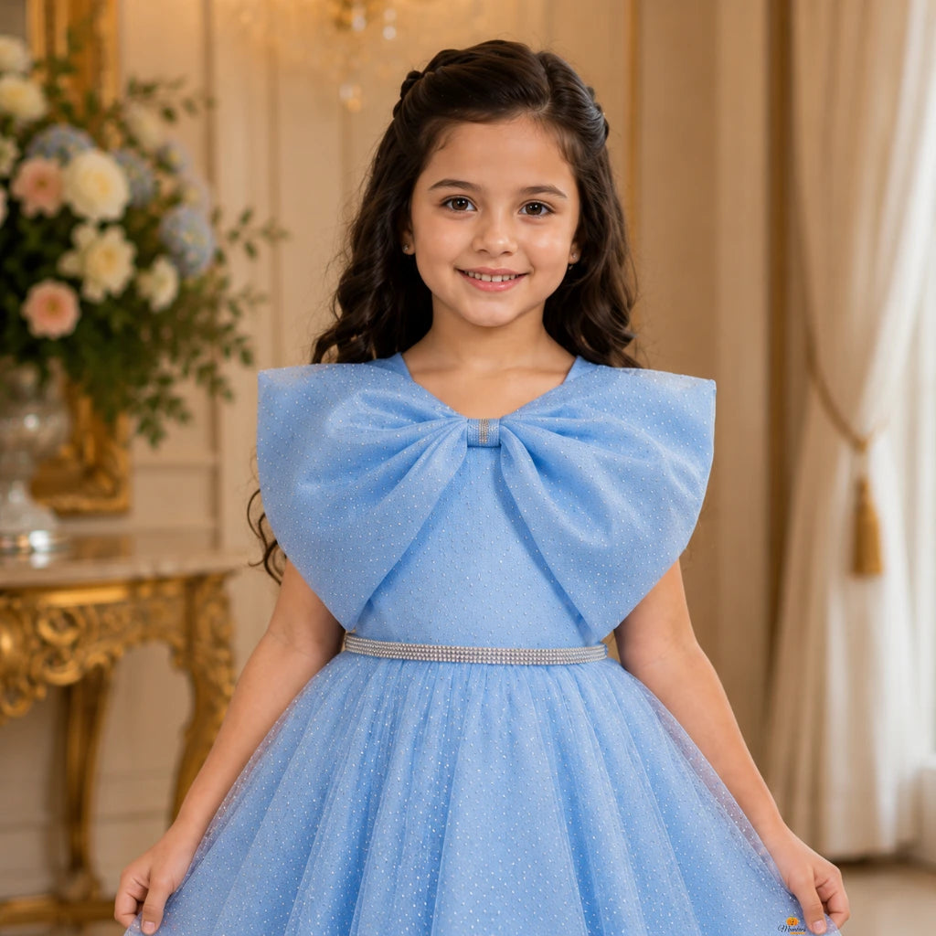 Sky Blue Princess Gown with Bow for Girls