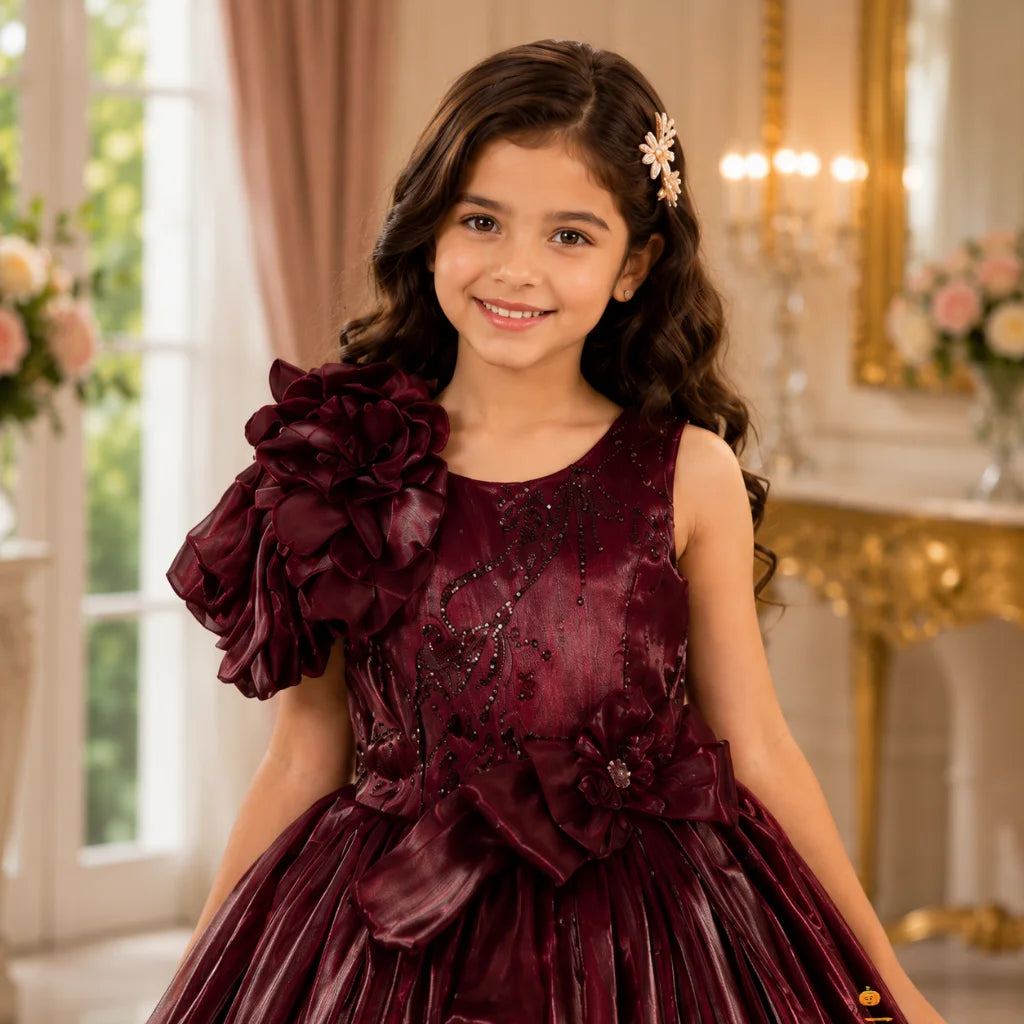 Wine Long Sequin Girls Gown
