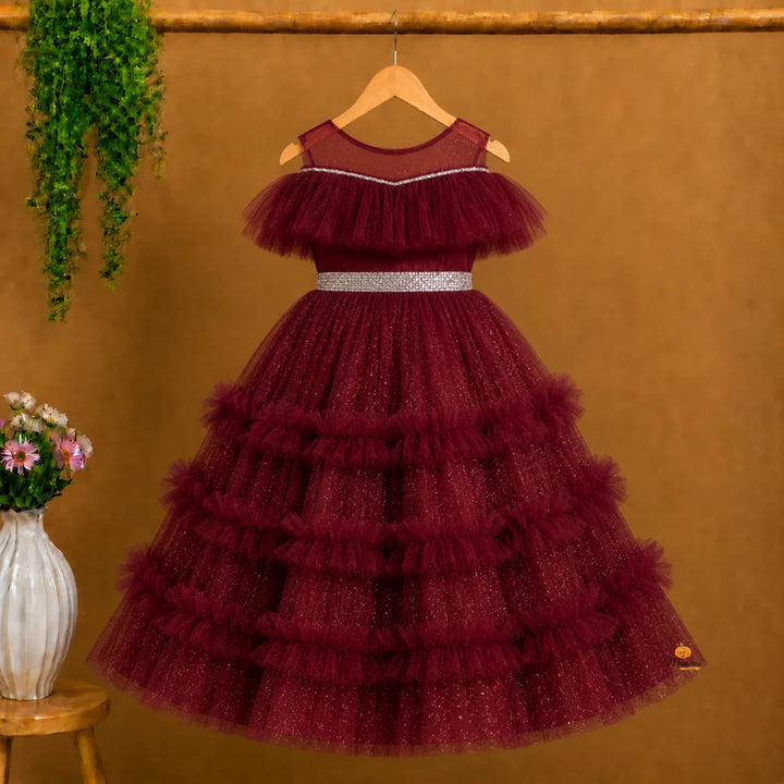 Brown Glittery Layered Frill Gown for Girls