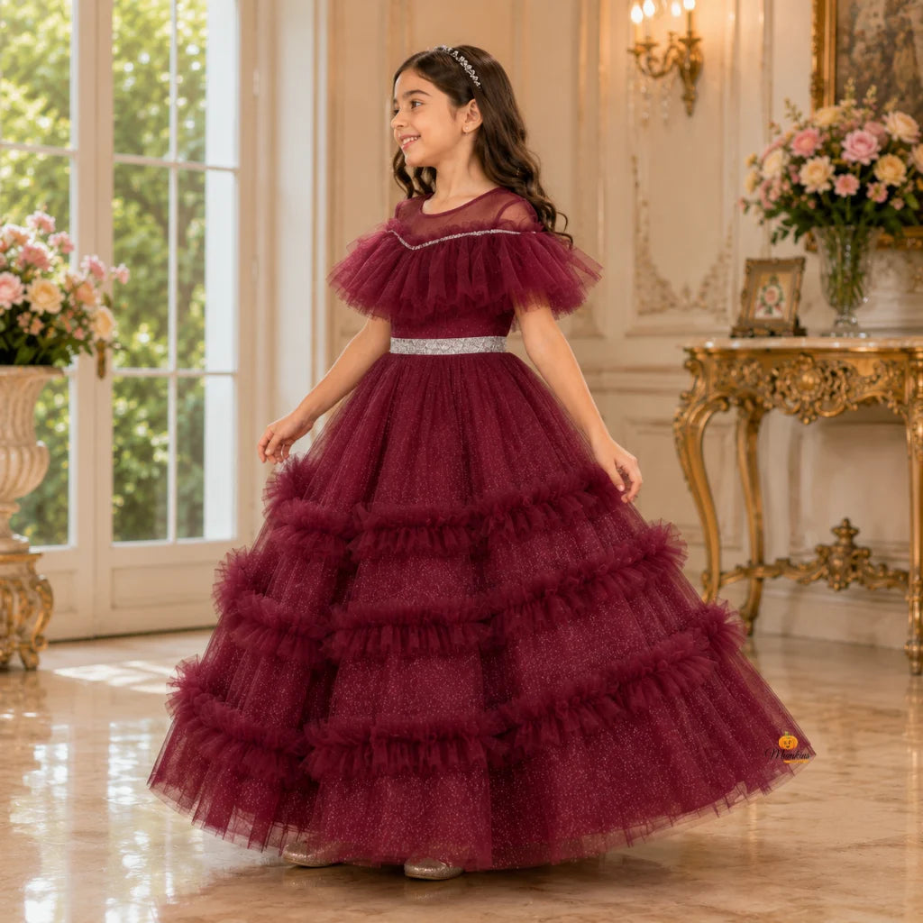 Brown Glittery Layered Frill Gown for Girls