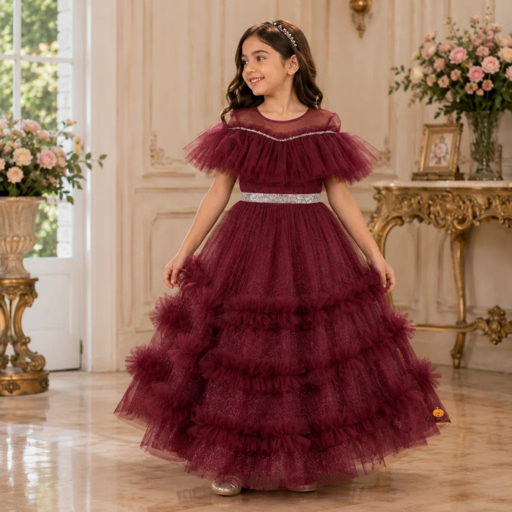 Brown Glittery Layered Frill Gown for Girls