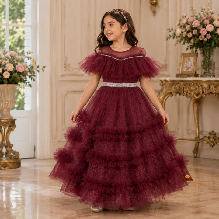 Brown Glittery Layered Frill Gown for Girls