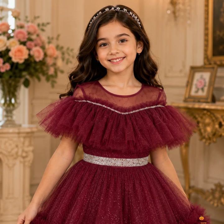 Brown Glittery Layered Frill Gown for Girls