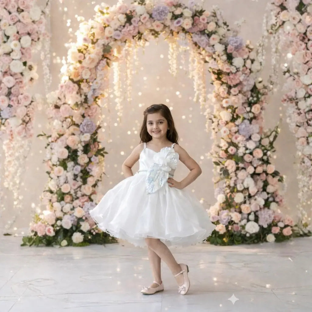 Partywear Frock for Girls with Silver Sequin Bow