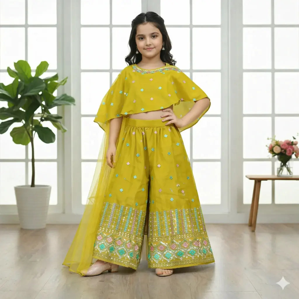 Girls Mustard Festive Plazo Set with Cape Top