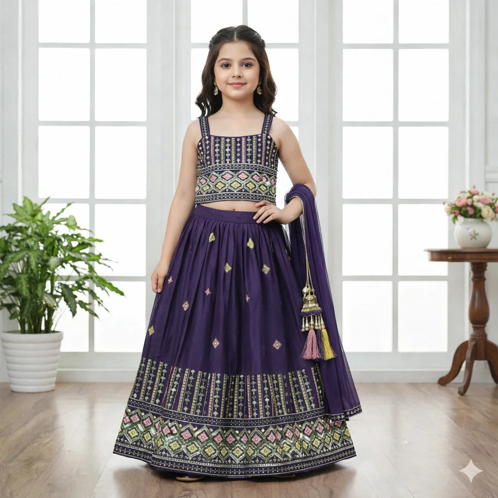 Purple Embroidered Lehenga Choli for Girls