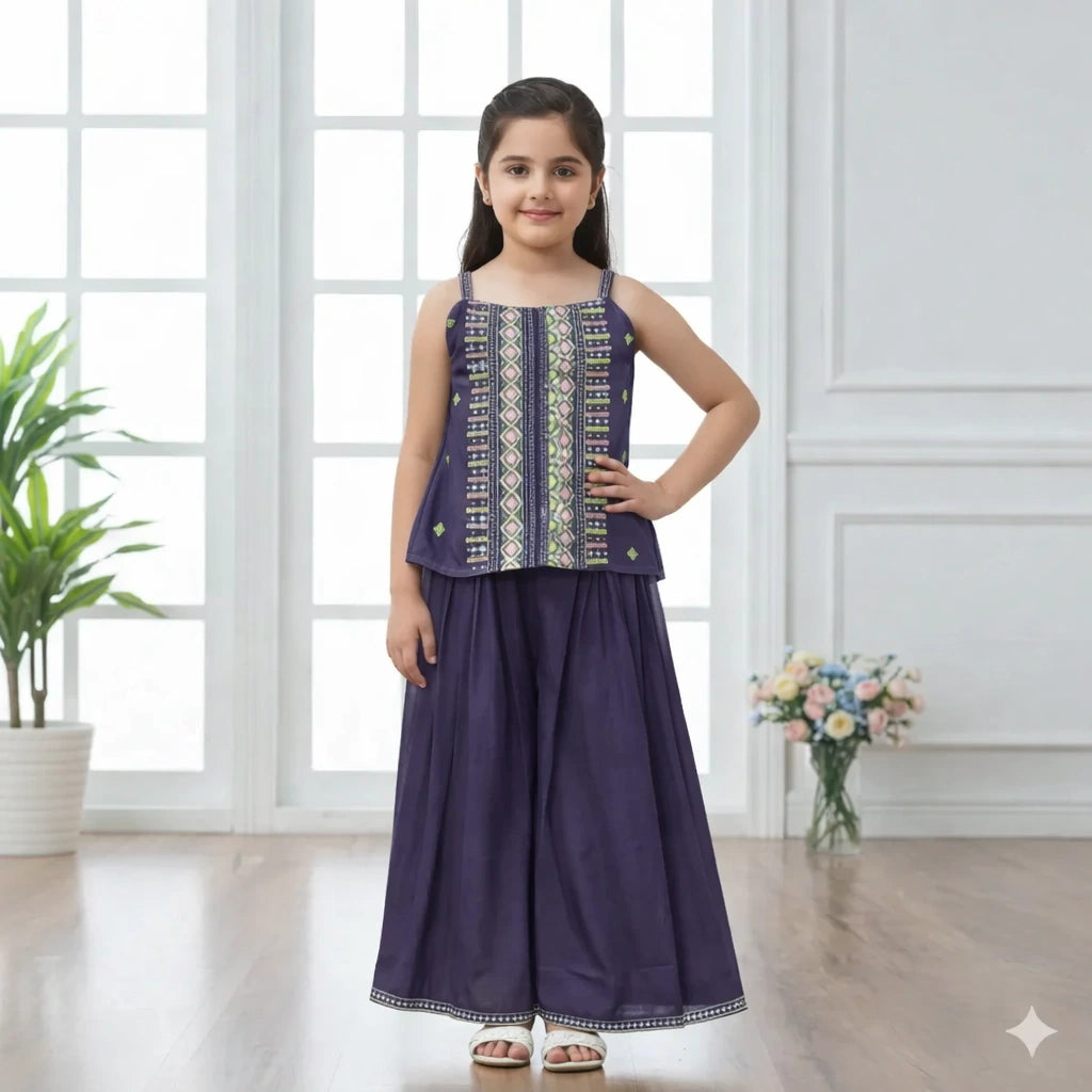 Purple Embroidered Sharara Suit for Girls