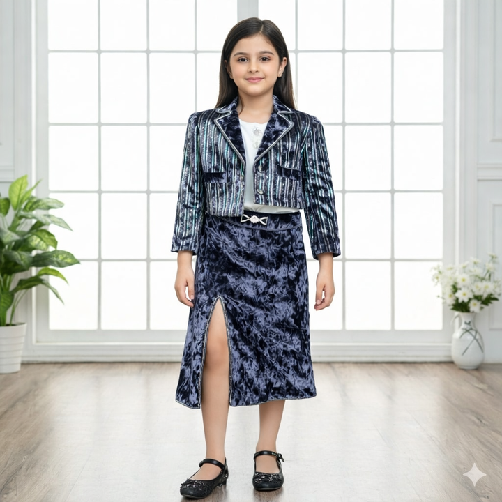 Green & Purple Western Partywear Skirt Top 3-Pcs Long Skirt Set for Girls