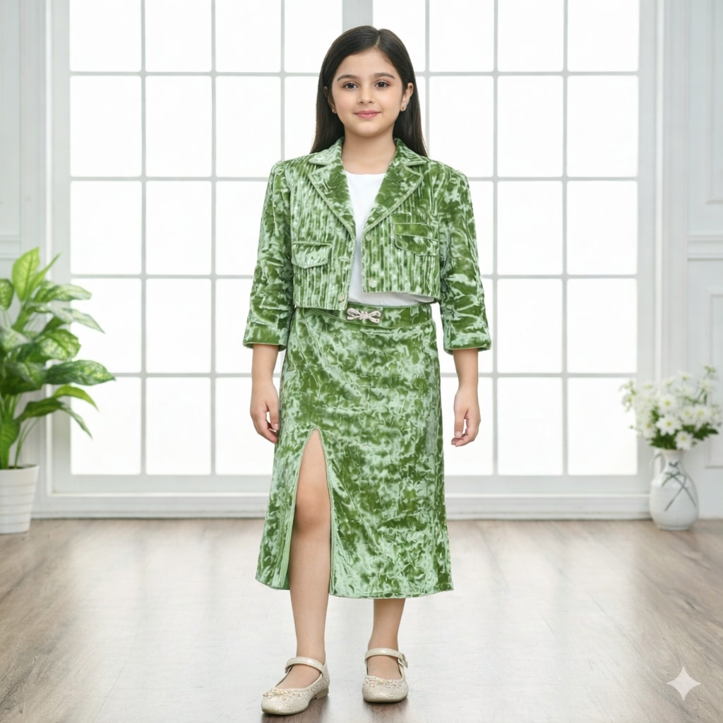 Green & Purple Western Partywear Skirt Top 3-Pcs Long Skirt Set for Girls