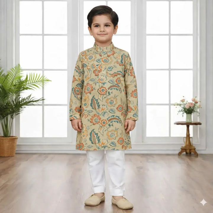 Fawn and Green Foil Print Boys Ethnic Kurta Pajama Set