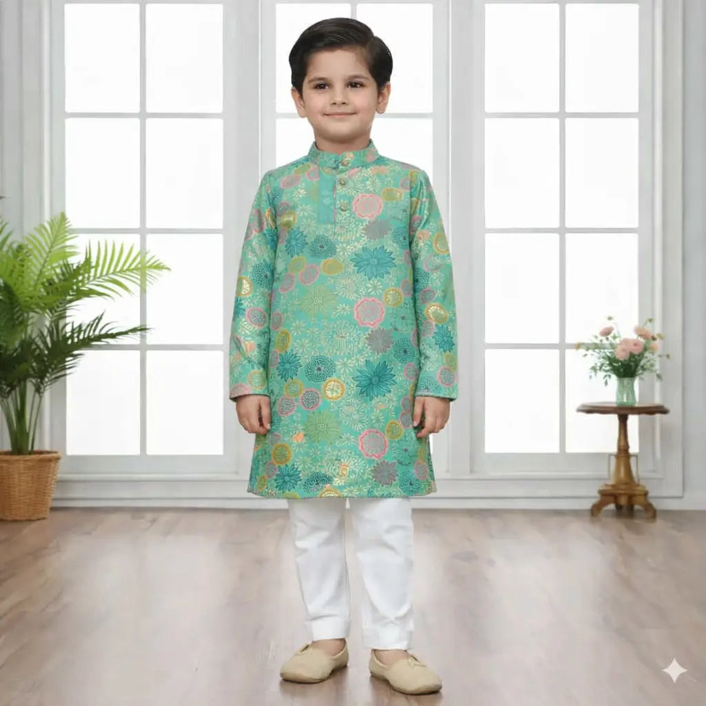 Fawn and Green Foil Print Boys Ethnic Kurta Pajama Set