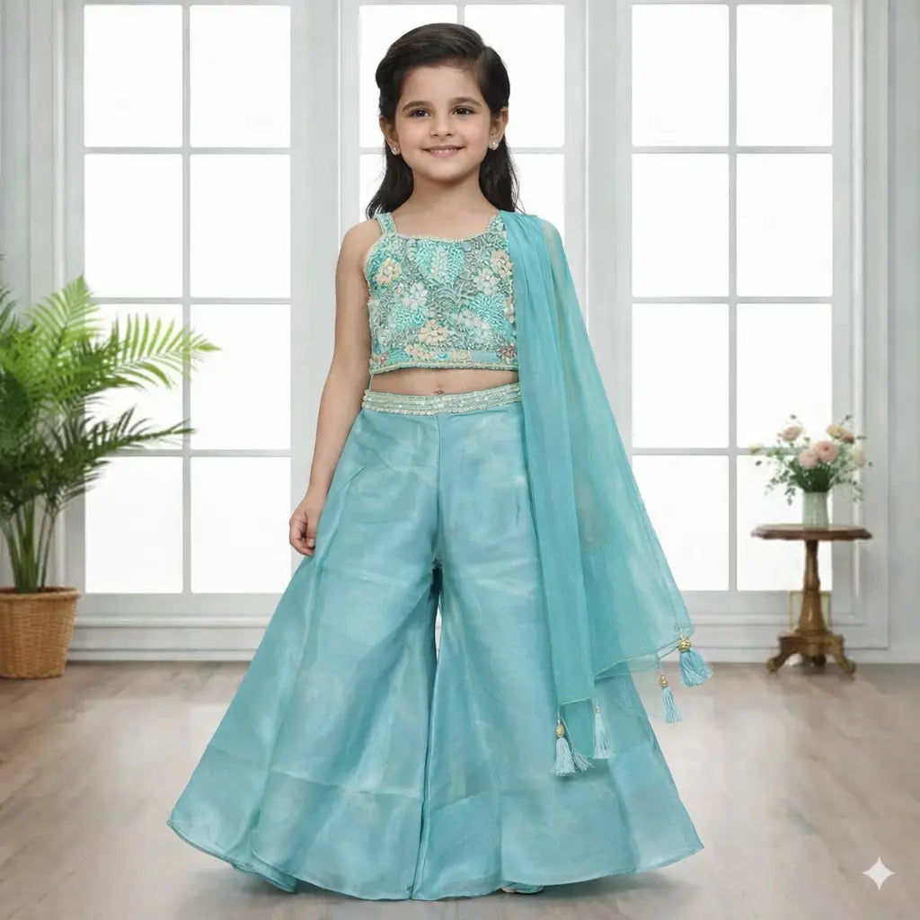 Onion & Sea Green Girls Ethnic Partywear Embroidered Sharara Set