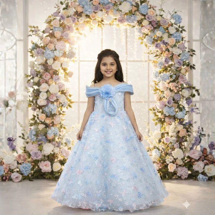 Sky Blue & Pink Baby Girls Partywear Floral Frock Dress