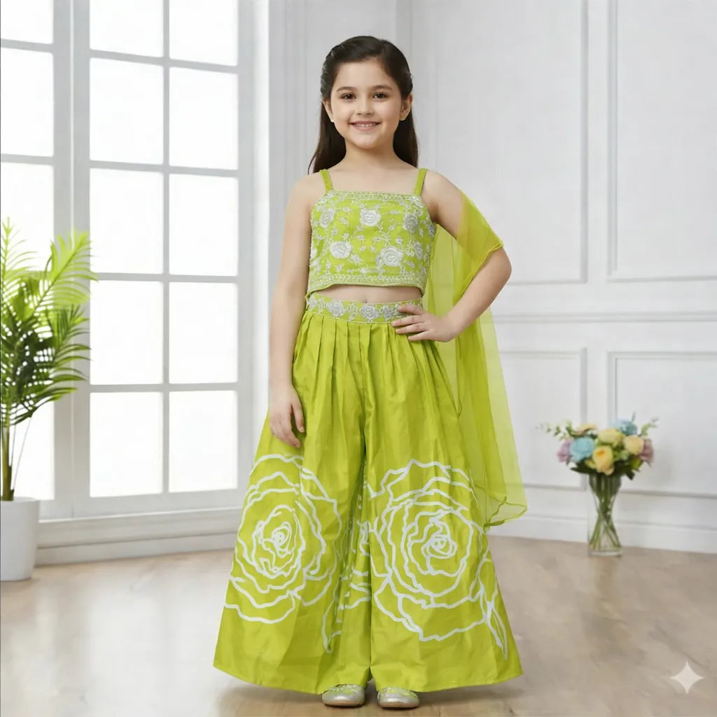 Embroidered Girls Ethnic Plazo Set in Rani, Purple, Green & Black