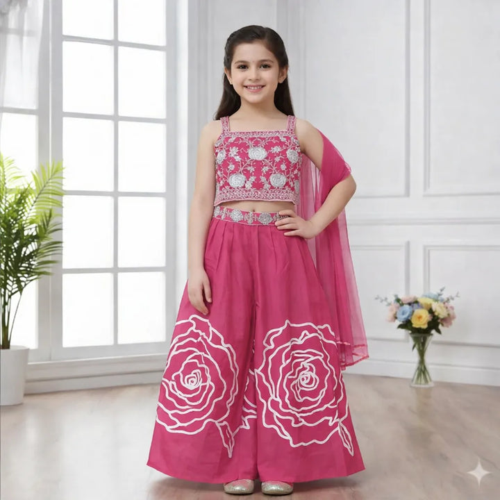 Embroidered Girls Ethnic Plazo Set in Rani, Purple, Green & Black