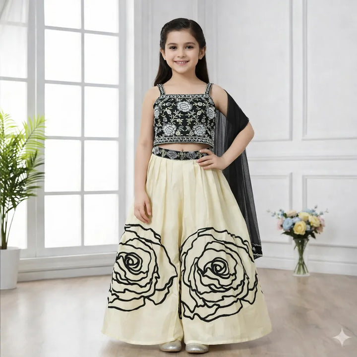 Embroidered Girls Ethnic Plazo Set in Rani, Purple, Green & Black