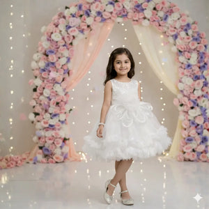 White Tail Pattern Partywear Frock for Girls