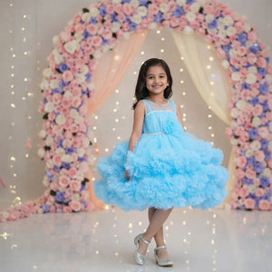 Firozi Tail Pattern Partywear Frock for Girls