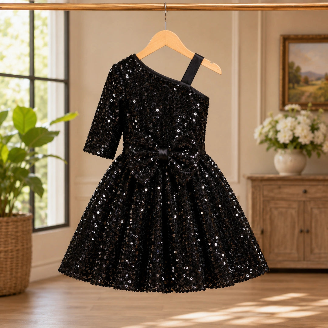 Girls Black One-Shoulder Sequin Party Dress