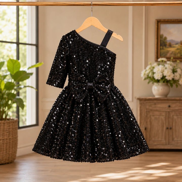 Girls Black One-Shoulder Sequin Party Dress