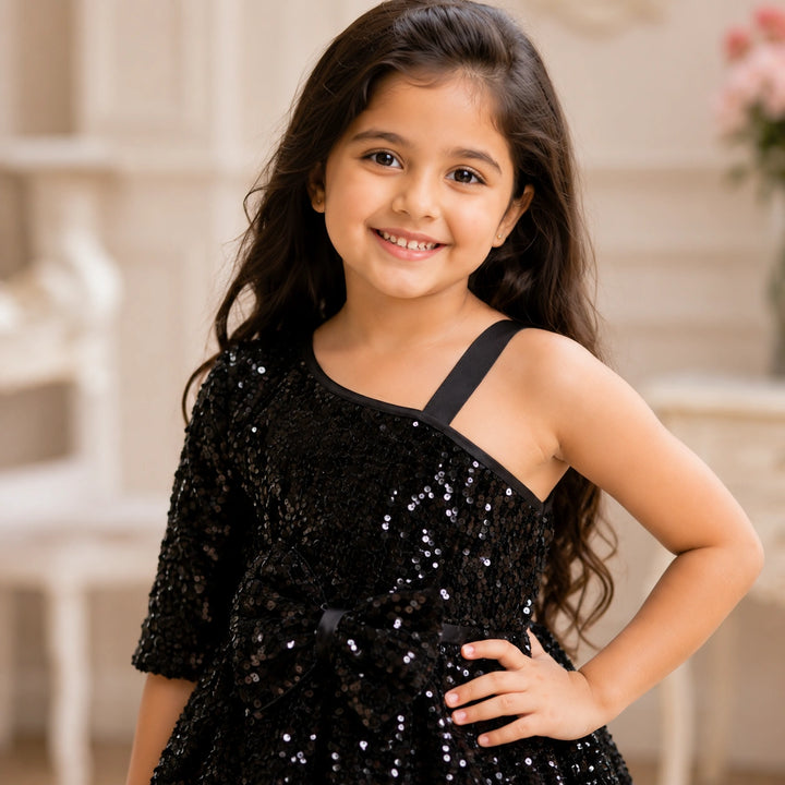 Girls Black One-Shoulder Sequin Party Dress