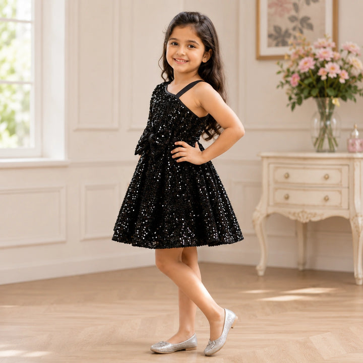 Girls Black One-Shoulder Sequin Party Dress