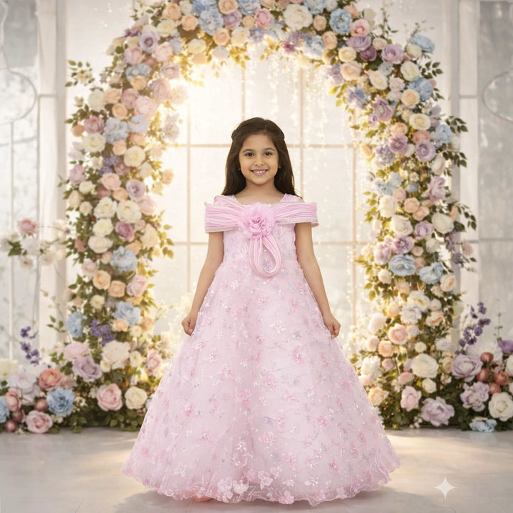 Sky Blue & Pink Baby Girls Partywear Floral Frock Dress