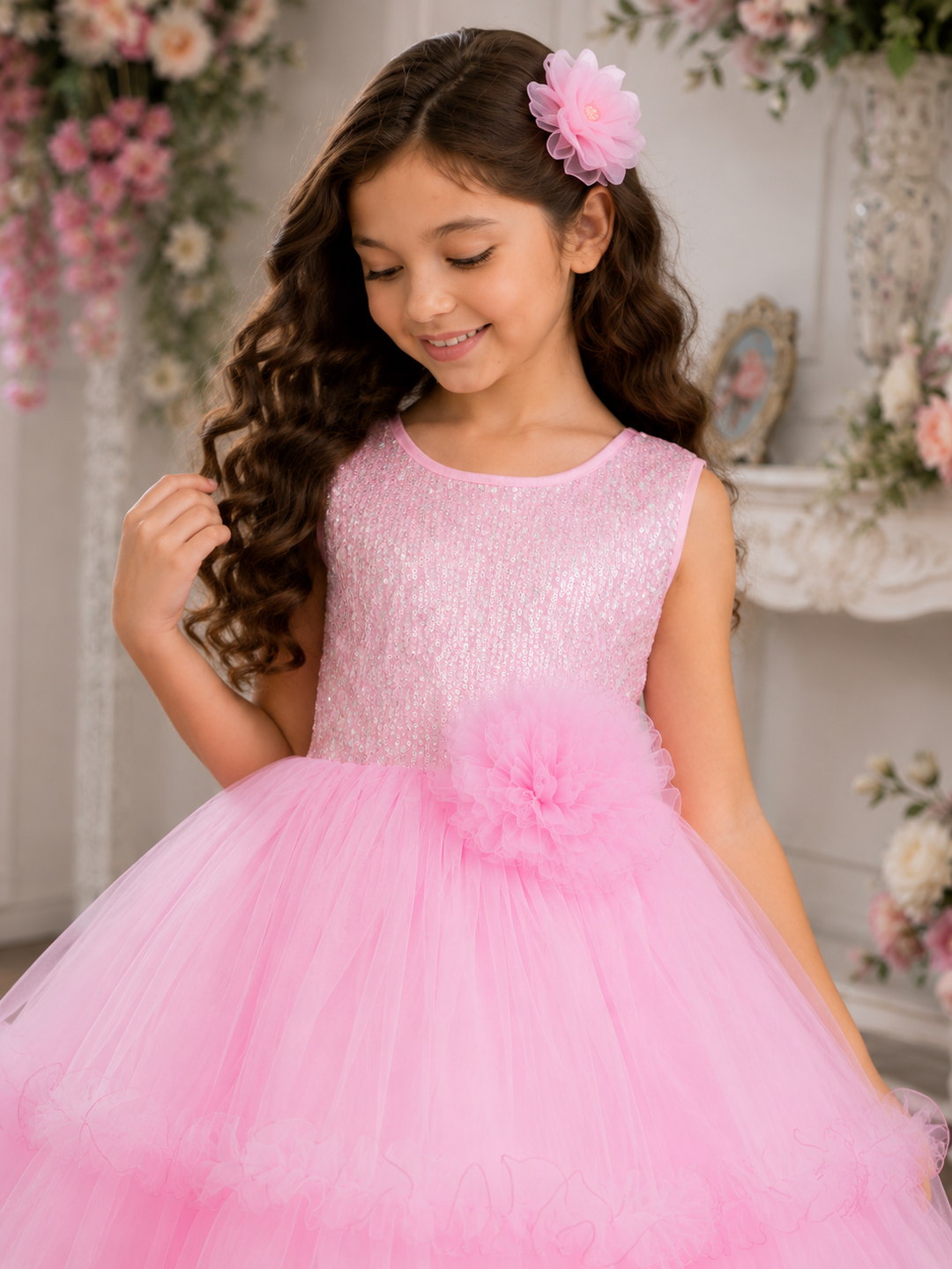 Pink & Sea Green Sequin Gown for Girls