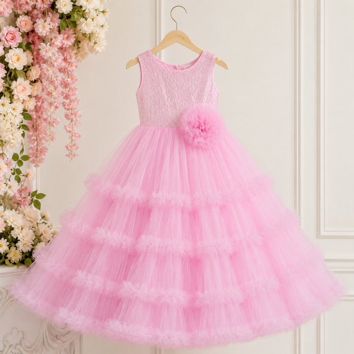 Pink & Sea Green Sequin Gown for Girls