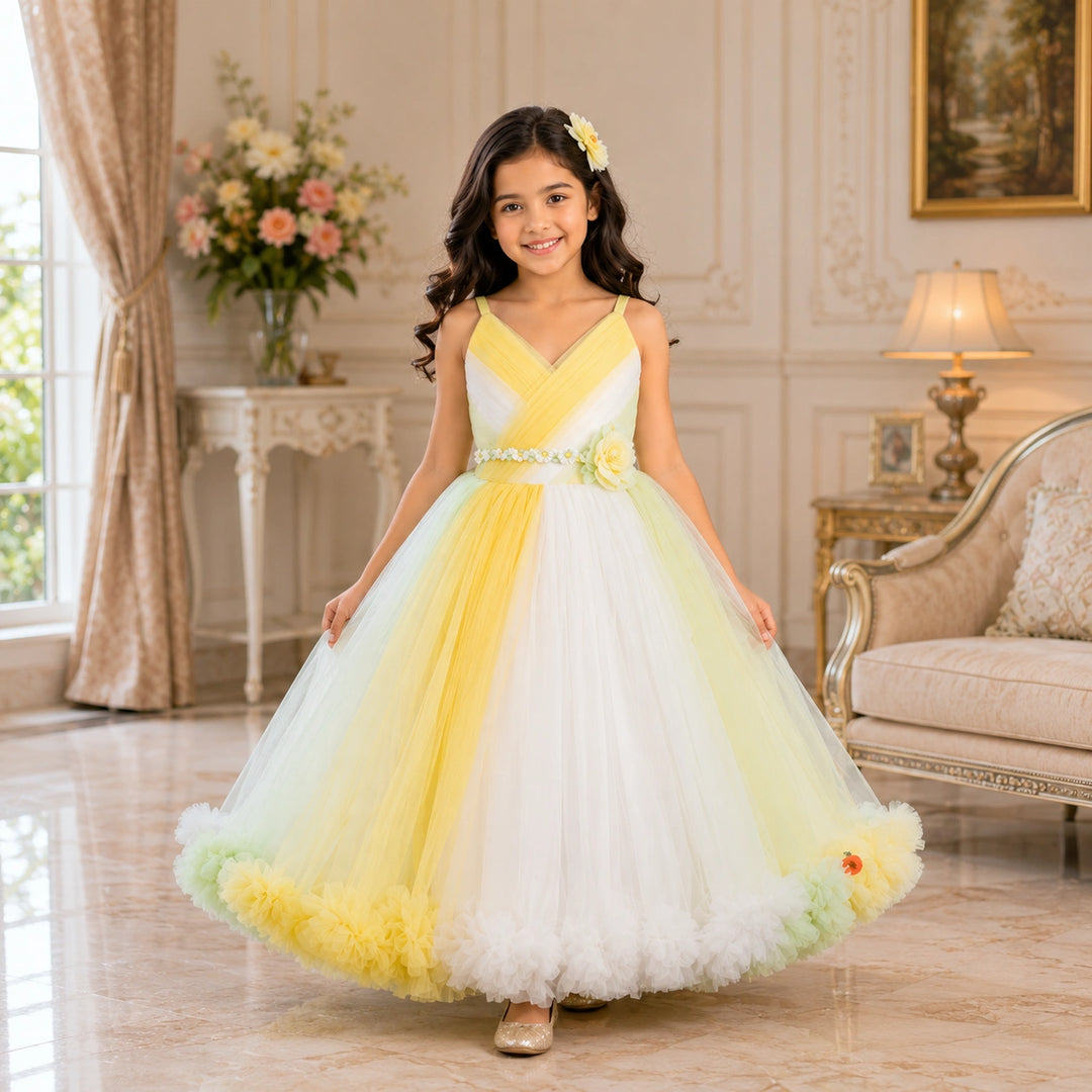 Multi Yellow Sheded Gown for Girls